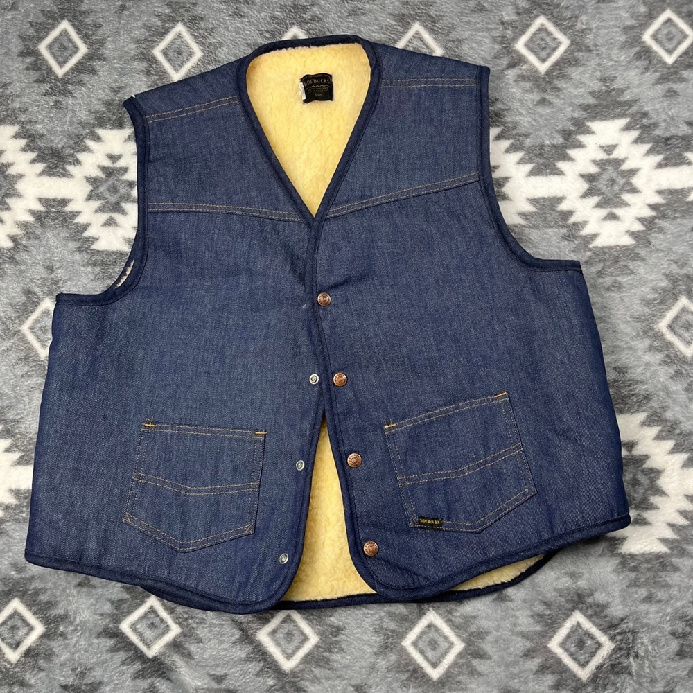 Vintage Roebucks Sears Denim Sherpa Lined Vest Mens XL Blue Workwear Western
